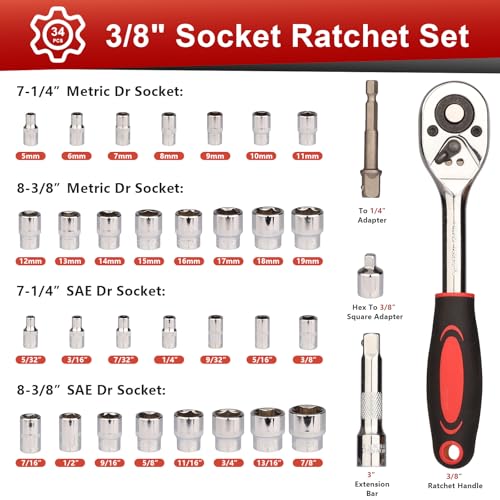 Egofine 34 Pieces 3/8 inch Drive Socket Ratchet Wrench Set, with Socket Set Metric/SAE and Extension Bar for Auto Repairing and Household, with Storage Case - color: Chrome