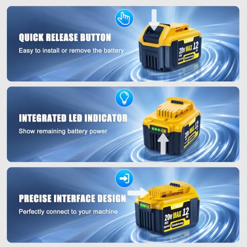 WWX 2 Pack 12000mAh Replacement Compatible for Dewalt 20V Max Battery with High - Capacity Battery Cordless Power Tools 20 Volt Battery DCB200, DCB201, DCB204, DCB205, DCB206, DCB207