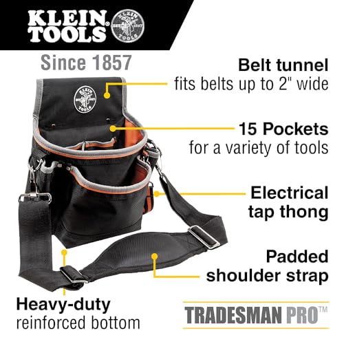 Klein Tools 5243 Tradesman Pro Tool Pouch with Padded Shoulder Strap, Reinforced Bottoms and Electrical Tape Thong, 15-Pocket - style: 15-Pocket Pouch