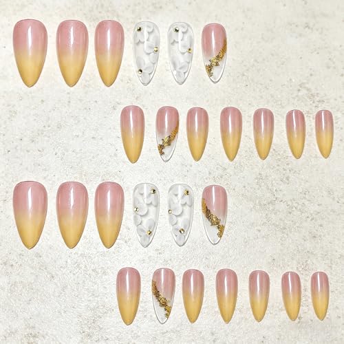 3D Press on Nails Almond - Medium French Tip Fake Nails with Embossed Flower&Gold Bead Designs, Glossy Finish Reusable False Nails for Women Manicure(3D Embossed design 21） - color: 3D Embossed design 21