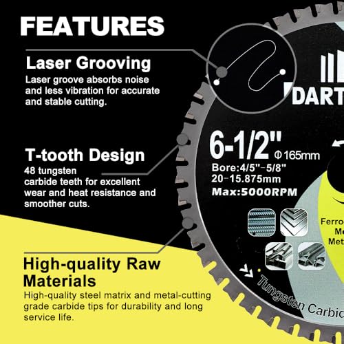 6-1/2"/165mm Metal Cutting Disc, DARTOTEK Circular Saw Blade 48T,Tungsten Carbide Tipped TCT Cut Off Wheel for Steel, Ferrous Steel Pipe with 4/5"-5/8" Arbor - size: 165 mm