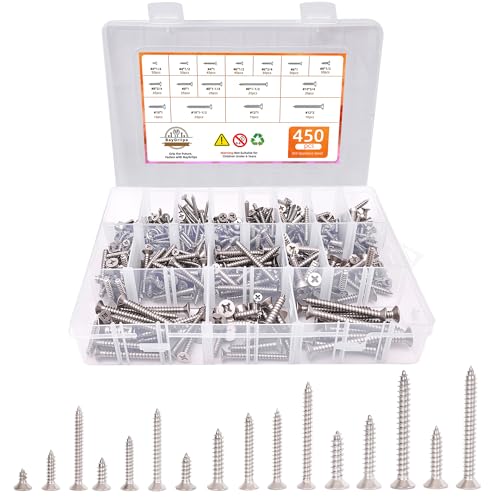450-Piece Stainless Steel Wood & Sheet Metal Screw Assortment – #4 to #12 Phillips Flat Head Self-Tapping Screws (1/4" to 2") - size: 450PCS Silver