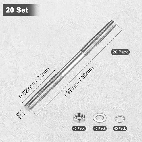 M METERXITY 20-Set Double End Threaded Stud Screw Bolt, M4x50mm Stainless Steel Push Rod Dual End Thread with Washer for Electrical/CNC Equipment/House Maintenance, Right Hand Thread - size: M4x50mm