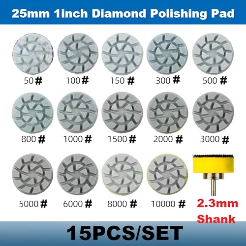 1inch 25mm Mini Diamond Polishing Pad Set, 14PCS Different Grit 50#-10000# Water Sanding Discs & 1PC 2.3mm Shank Hook & Loop Backing Holder for Detail Fine Grinding - style: 2.3mm Shank