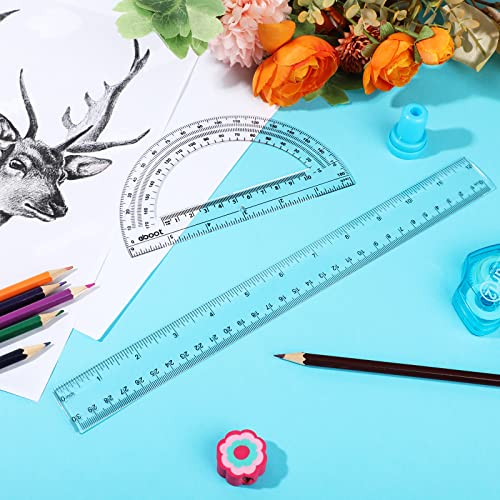 Zonon 2 Pcs 12 Inch Clear Ruler and 6 Inch Plastic Protractor Set, Clear - color: Clear
