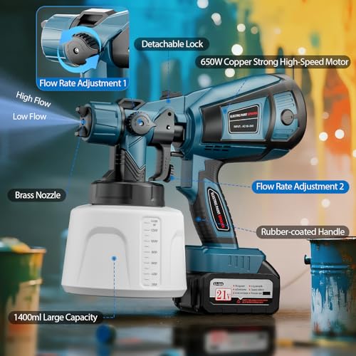 Cordless Paint Sprayer, 650W Spray Paint Gun with Battery 2 × 4.0mAh, 6 Brass Nozzles & 1400ML (47 fl.oz) Container, Paint Sprayer for House Painting Graffiti Wall Fence Furniture DIY Projects