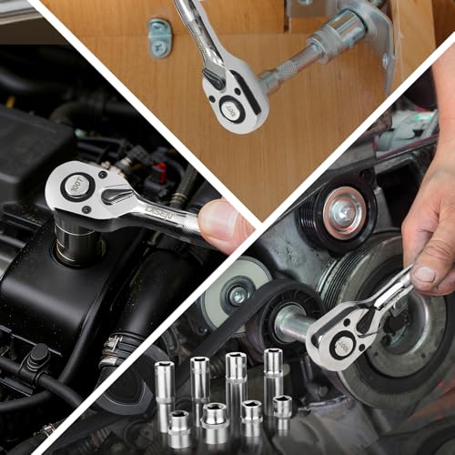 DISEN 3-Piece Stubby Ratchet Set – 1/4", 3/8", 1/2" Drive | 100-Tooth Ratchet with EVA Storage Tray | Quick Release Button | Non-Slip Grip | Reversible 3.6° Design for Tight Spaces, Chrome Finish - size: 1/4''+3/8''+1/2'' Set, style: 100T Stubby Ratchet S
