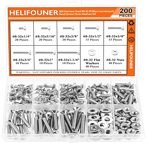HELIFOUNER 200 Pieces #8-32 Phillips Countersunk Head Machine Screws Nuts Washers Assortment Kit, Coarse Thread, Fully Machine Threaded, 304 Stainless Steel - size: #8-32