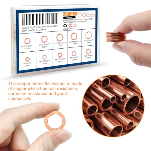200pcs 9 Sizes Premium Copper Metric Sealing Crush Washers Assortment Kit,Flat Sealing Washer M5 M6 M8 M10 M12 M14,Flat Ring Sump Plug Oil Seal Gasket Sealing Fitting Washers for Industrial,Household