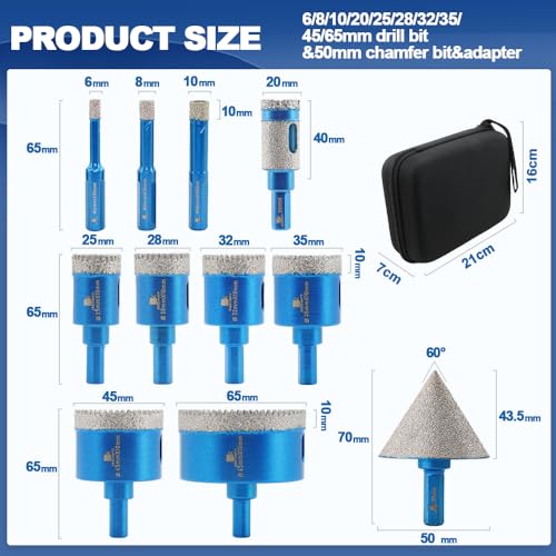 Tile Hole Saw Kit Diamond- BRSCHNITT 11pcs Diamond Core Drill Bit for Porcelain Tile Ceramic Marble Granite Drilling Triangle Shank - size: 6/8/10/25/28/32/35/45/65D+20F+50C