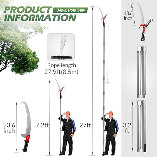 Walensee Pole Saws for Tree Trimming, Extendable Tree Pruner,Manual Branch Timmer with Blade and Scissors High Branches Pruning Fiberglass Pole Pruner and Cutter Garden Tool with Storage Bag 7.2-27FT - size: 27 FT