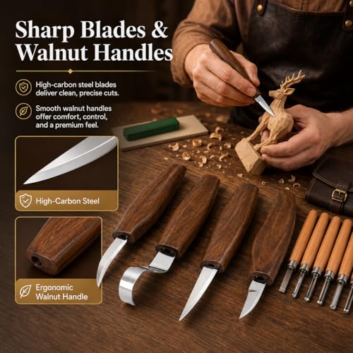 26Pcs Deluxe Wood Carving Kit, Whittling Knife Set with Leather Storage Case, Basswood Blocks & Safety Gloves, Woodworking Tools for Beginners Adults Kids, DIY Craft Gift for Men Teens
