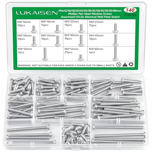 140 Pcs M4 Phillips Pan Head Long Machine Screws Kit, 304 SS | For Electrical Outlet, Switch Plate, Junction Box, Furniture Repair, Long Sizes (12mm-60mm), Storage Box, Anti-Rust - size: 140Pcs M4*12/16/18/20/25/30/35/40/45/50/55/60mm