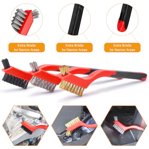 9Pcs Wire Brushes for Cleaning Rust, Small Wire Brush, Wire Wheel for Drill Steel Brush for Cleaning with Nylon, Brass, Stainless Steel, and Carbon Steel Bristles - 7-Inch Handle & 1/4-Inch Hex Shank