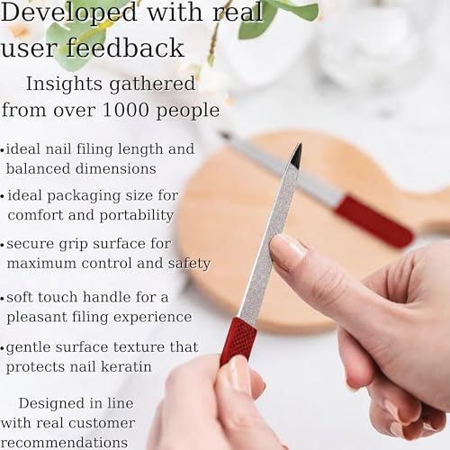 Professional Sapphire Nail File Ruby Red, 5" Stainless Steel, Double-Sided Metal File, Ergonomic Non-Slip Handle, for Natural, Gel, Acrylic Nails, Manicure & Pedicure Tool