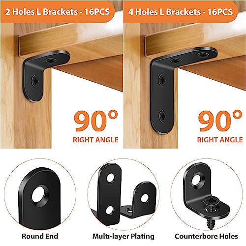32PCS L Corner Brackets, MAPVOLUT Black Heavy Duty L Brackets for Shelves with 100PCS Screws, Metal Right Angle Shelf Bracket, Metal Corner Brace for Wood Furniture (1.57x1.57in/0.79x0.79in) - size: 2 SIZE Black