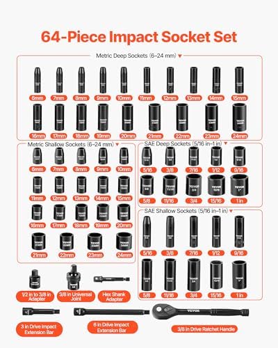 VEVOR 3/8" Drive Impact Socket Set, 64 Piece, Deep & Shallow Kit - size: 3/8" 64 PCS
