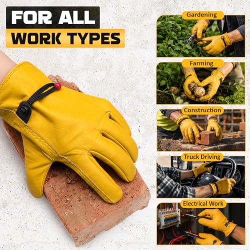 Cowhide Work Gloves Men & Women, Reinforced Palm, Puncture Resistanta - size: Large