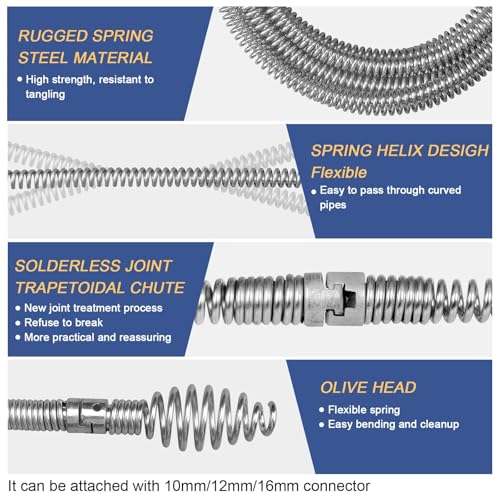 Drain Snake, Drain Auger with Drill Attachment, 16.4 Feet By 5MM Plumbing Snake Auto Feed Flexible Hair Drain Clog Remover for Kitchen, Bathrom and Shower Sink with Gloves - style: 12MM*16.4 Feet