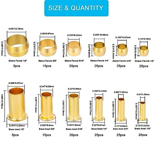 Compression Fittings Assortment kit-6 Sizes(1/8"3/16" 1/4" 5/16" 3/8" 1/2") Brass Compression Sleeves Ferrules & Insert,used to connect lines for air,water,fuel,oil and inert gases - size: 230 pcs, 1/8", 3/16", 1/4", 5/16", 3/8", 1/2"