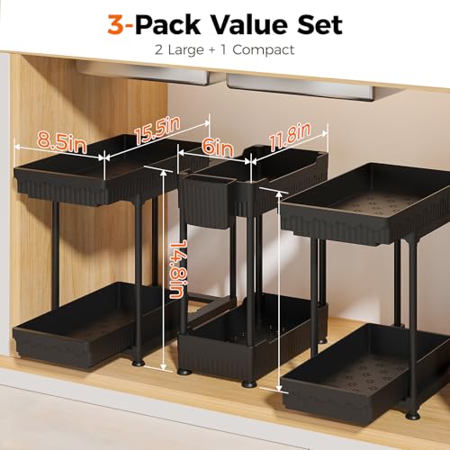 Sevenblue 3-Pack 2-Tier Under Sink Organizers with Sliding Drawers - color: Black 2-Tier Sliding, size: 14.8 Inch