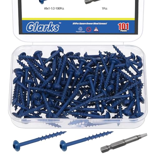 Glarks 100pcs #8 x 1-1/2’’ Pocket Hole Screws with Square Drill Bit Kit, Blue Coated Square Drive Wood Screws, Washer Head Coarse Thread Screw for Woodworking, Furniture - size: 100pcs 8x1-1/2