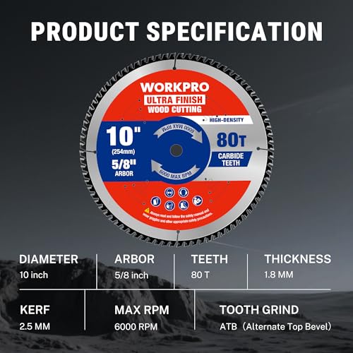 WORKPRO 10" Circular Saw Blade, 80T Ultra Fine Finish Wood Cutting