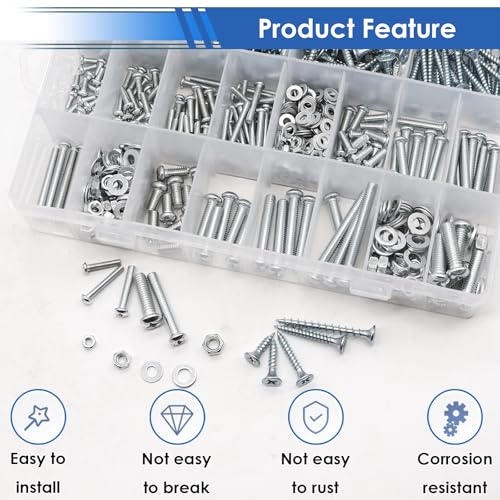 smseace 453Pcs Wood Screws with Nuts and Bolts Assortment Kit 21-Sizes M3/M4/M5/M6 Nut Bolt Washer Assortment Kit 6 Sizes Drywall Screws for Machinery, Furniture, Automotive, Motorcycle Repairs