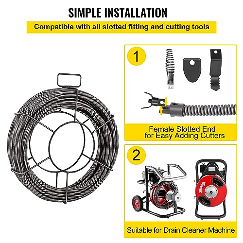 VEVOR Drain Cleaning Cable 50ft x 1/2 inch Solid Core Cable Sewer Cable, Drain Auger Cable Cleaner, Snake Clog Pipe Drain Cleaning Cable W/Four Shapes of Cutters - style: 50Ft x 1/2Inch