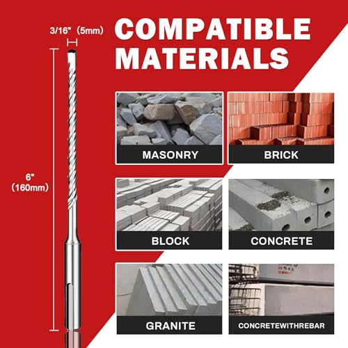 SDS Plus Rotary Hammer Drill Bit Set - 10-Piece 3/16" x 6" Concrete Masonry Drill Bits for Brick, Cement & Stone - Durable Alloy Tip, Fast Drilling - size: 3/16" x 6"