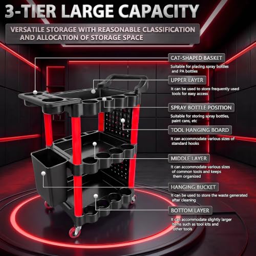 Auto Detailing Cart with Wheels, 3 Tier Rolling Detail Cart - color: Upgraded