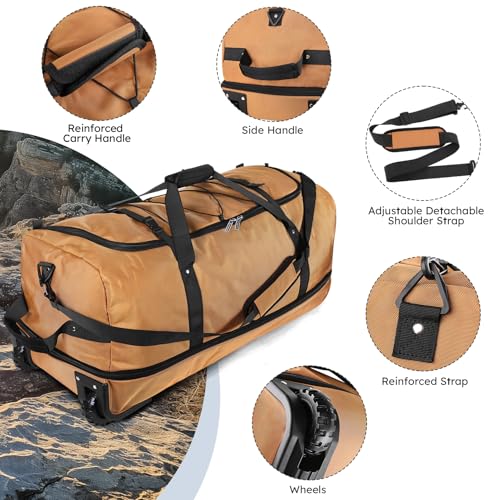 110L Expandable to 140L 32” Foldable Oxford Soft-Sided Rolling Duffle Bag with 2 Heavy-Duty Wheels,2 Large Compartments,Adjustable Shoulder Strap and Attached Organizer Pouch,Coffee - color: Coffee