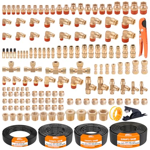 CheeMuii 156PCS Brass DOT Air Line Fittings with 4 Roll 100FT DOT Air Lines - size: 100FT-4ROLL-152PCS