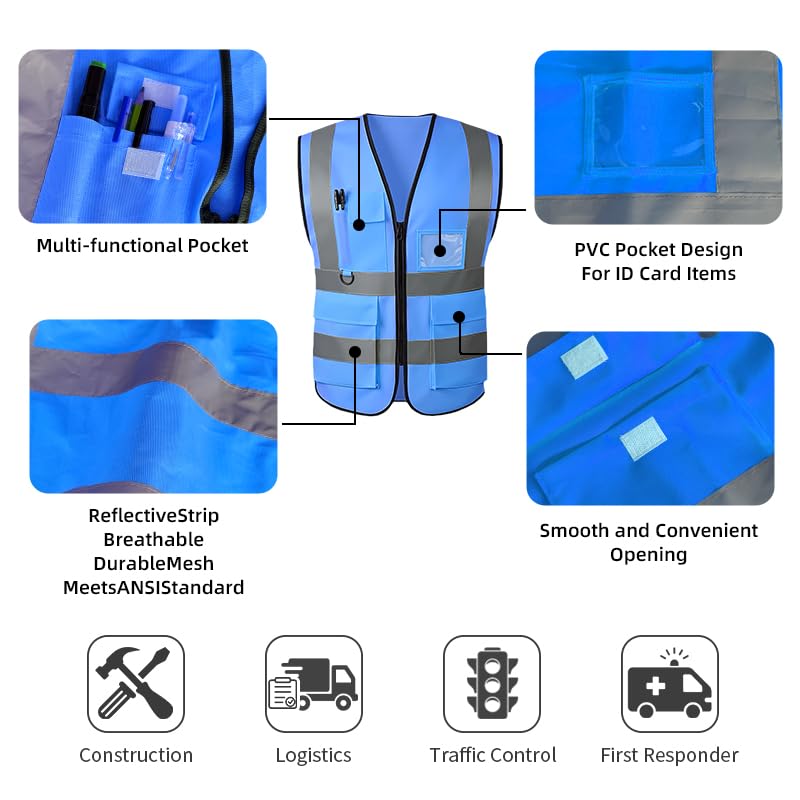 High Visibility Safety Vest with Reflective Strips & Pockets - color: Blue, size: 5X-Large