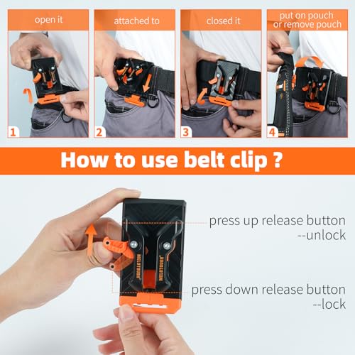 MELOTOUGH Small Electrician Tool Pouch With Belt Clip Attachment - 9 Pockets Tradesman Bag With Tape Thong - Holster for Electricians - color: Orange Electrician Tool Pouch