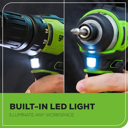 Greenworks 24V MAX Cordless Brushless Drill & Impact Driver Combo Kit, Electric Drill Set, High Torque, Lightweight, Professional Grade, Includes 2x 2.0Ah Batteries, Charger, and Storage Bag - size: 2PCS Combo Kits