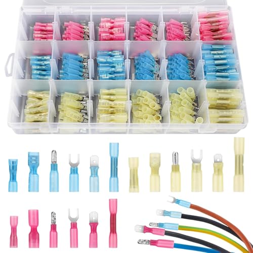 Linkstyle 380PCS Marine Grade Heat Shrink Wire Connectors kit 22-10 AWG, Waterproof Automotive Electrical Terminals Kit, 16-14 22-16 12-10 Gauge Bullet Fork Butt Splices Spade Crimp Connector