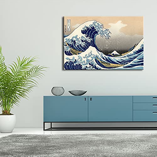 Wieco Art Great Wave of Kanagawa Katsushika Hokusai Giclee Canvas Prints Wall Art Abstract Seascape Pictures Paintings for Living Room Home Decorations Large Modern Stretched and Framed Sea Artwork - size: 36"L x 24"W