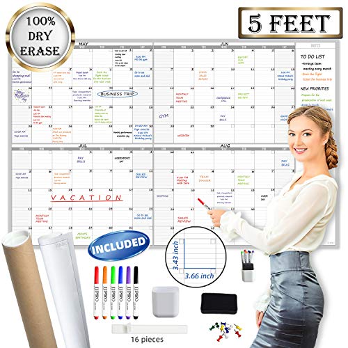 Large Dry Erase Wall Calendar 60" x 38" - Premium New Laminate - Blank Undated, Reusable & Erasable 4 Month Planner -Classroom, Office, Project & Family Schedule - size: 60"x38"4Month