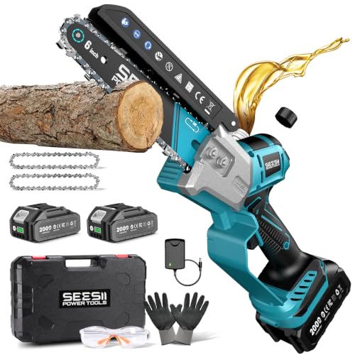 SEESII Mini Chainsaw 6 Inch Brushless, Automatic Oiler - color: Steel Blue
