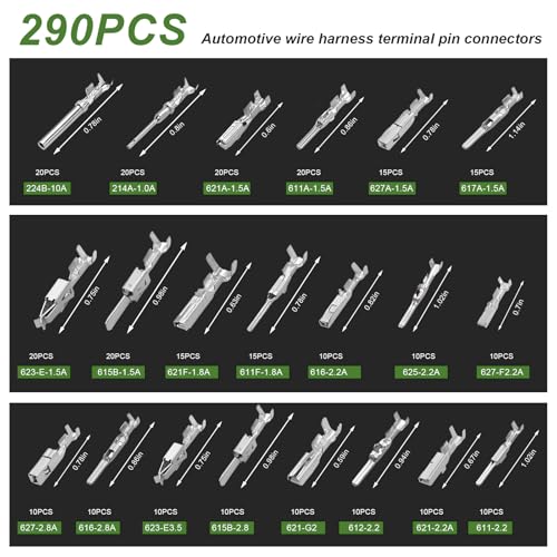 290PCS Car Electrical Wire Terminal Pins Connector, 1/1.5/1.8/2.2/2.8/3.5mm Male & Female Wire Pin, 21Type Non-Insulated Plug Electrical Crimp Terminal Pin Connector