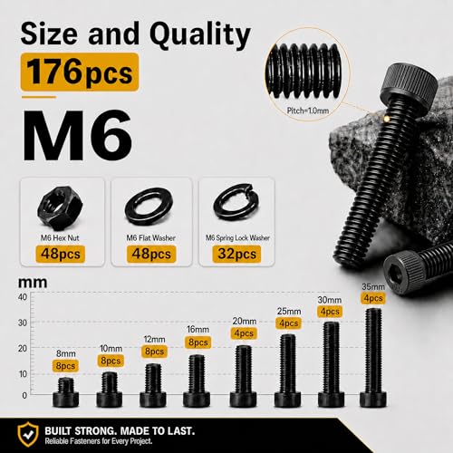 176PCS M6 Screws Assortment Kit, M6x8/10/12/16/20/25/30/35mm Hex Socket Head Cap Bolts Nuts & Washers Set, 12.9 Alloy Steel Black Oxide, M6 Screw Anti-Rust - size: M6 176pcs