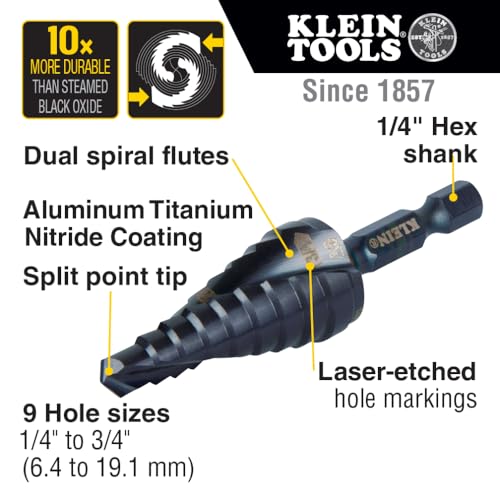 Klein Tools QRST03 Step Drill Bit, Quick Release Spiral Double-Fluted, 1/4 to 3/4-Inch, Hex Shank, Cut Steel, Wood, Plastic, Aluminum - size: 1/4 to 3/4-Inch, style: Quick Release