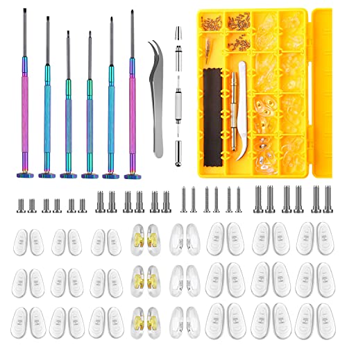 Eyeglass Nose Pads, 24 Pairs of Screw-in Glasses Nose Pads, Upgraded Magnetic Eyeglass Repair Kit with Precision Precision Screwdriver Set, Screws, Tweezer for Travel, Birthday Gift, Christmas - color: Yellow