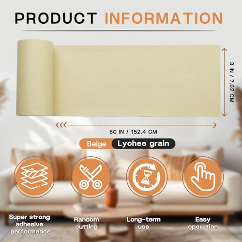 Leather Repair Patch, Self Adhesive Leather Repair Tape Kit Beige - color: Beige, size: Litchi Grain 3 x 60 In