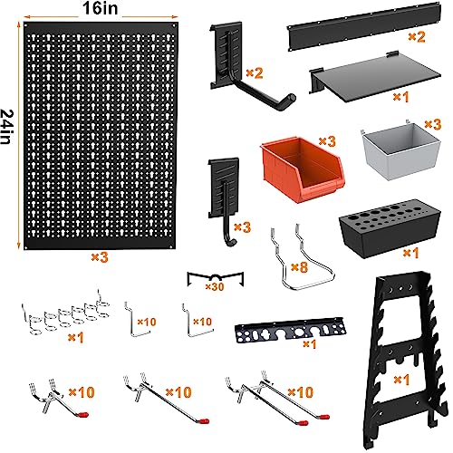 TORACK Metal Pegboard Wall Organizer System 24x48 in, 109 PCS Pegboard Kit - color: Black