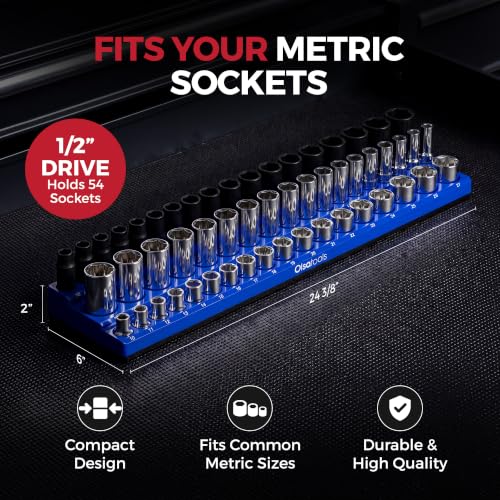 Olsa Tools Magnetic Socket Holder 1/4 -Inch Drive Metric, Blue, 54 Slots - color: Blue, size: 1/2-Inch Drive, Metric