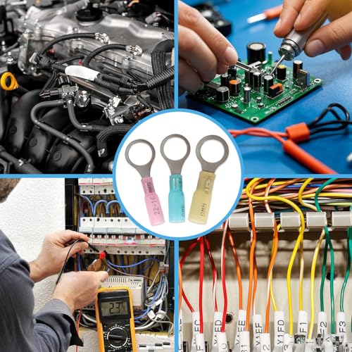Heat Shrink Ring Terminals Wire Connectors #10 1/4" 5/16" 3/8" Ring Terminal Kit 12-10 16-14 22-16 Gauge Insulated Crimp Electrical Connector Set (Pack of 120Pcs)