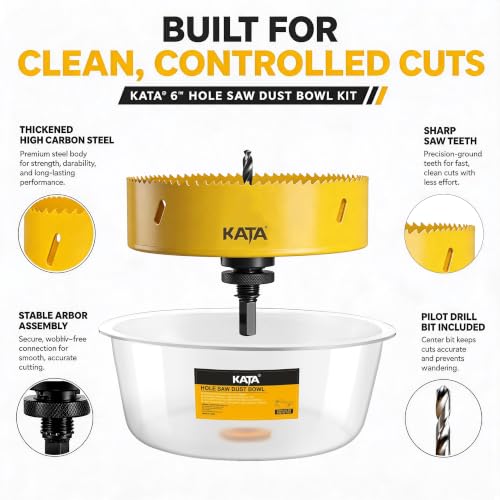 KATA 6 Inch Hole Saw for Recessed Lights with Silicone Dust Bowl Catcher | Smooth One-Piece Bowl Helps Make Cleaner Ceiling Openings for Recessed Lighting, Led Can Lights, Speakers, Drywall, Soft Wood - color: 6 Inch