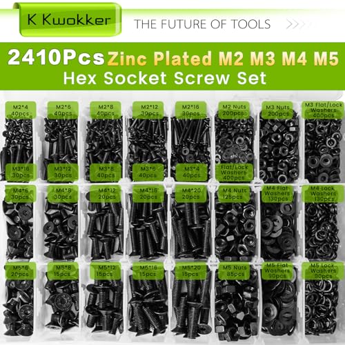 2410Pcs M2 M3 M4 M5 Nuts and Bolts Assortment Kit 4MM to 20MM Upgraded Zinc Plated Hex Flat Head Cap Metric Machine Screws, 10.9 Alloy Steel Bolts and Nuts Kit w/Lock Washers for Screws - size: L. M2 M3 M4 M5
